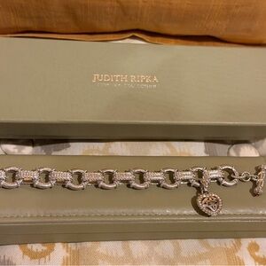 Judith Ripka Two-Tone Textured Link Bracelet with Heart Charm